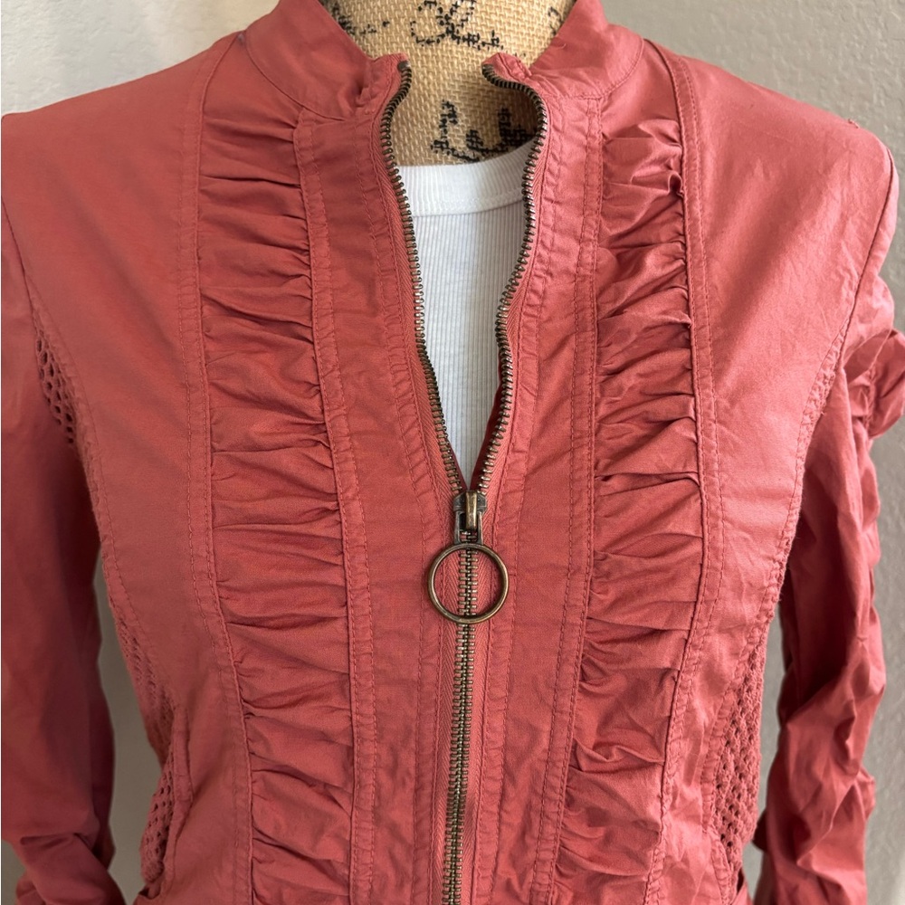 Women's Coral Bomber Jacket with Ruffle Detail